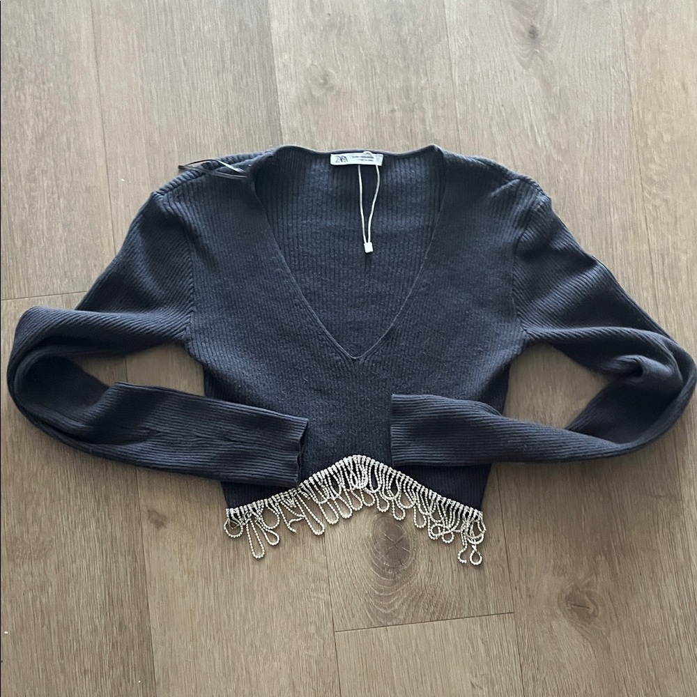 Zara Black V-Neck Sweater with Silver Fringe